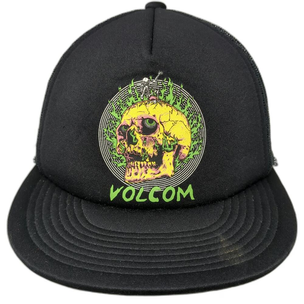 Volcom Trucker Hat Black One Size Skull Graphic Mesh Back Flat Brim Snapback